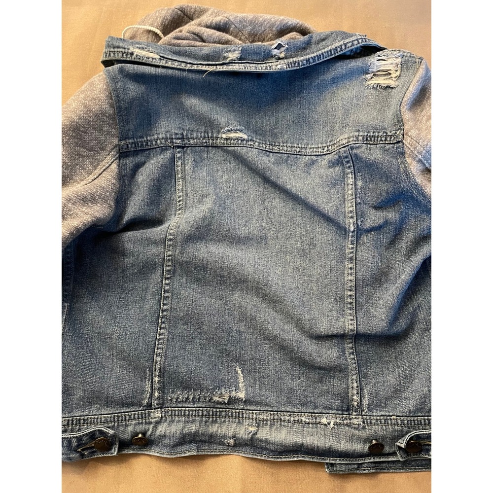 Free People Knit Hooded Denim Jacket Size L Distressed Jean Jacket Tomboy Edgy - Picture 6 of 14
